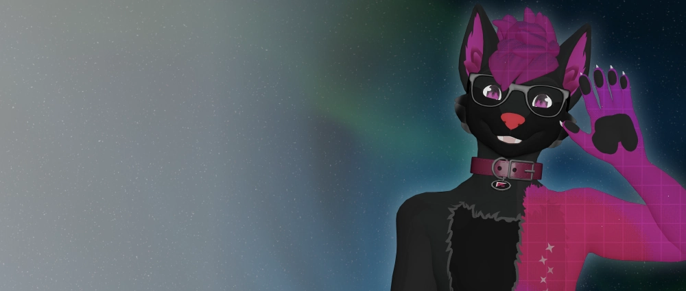 An image of an anthropomorphic fox character waving at you, in front of an abstract aurora background.